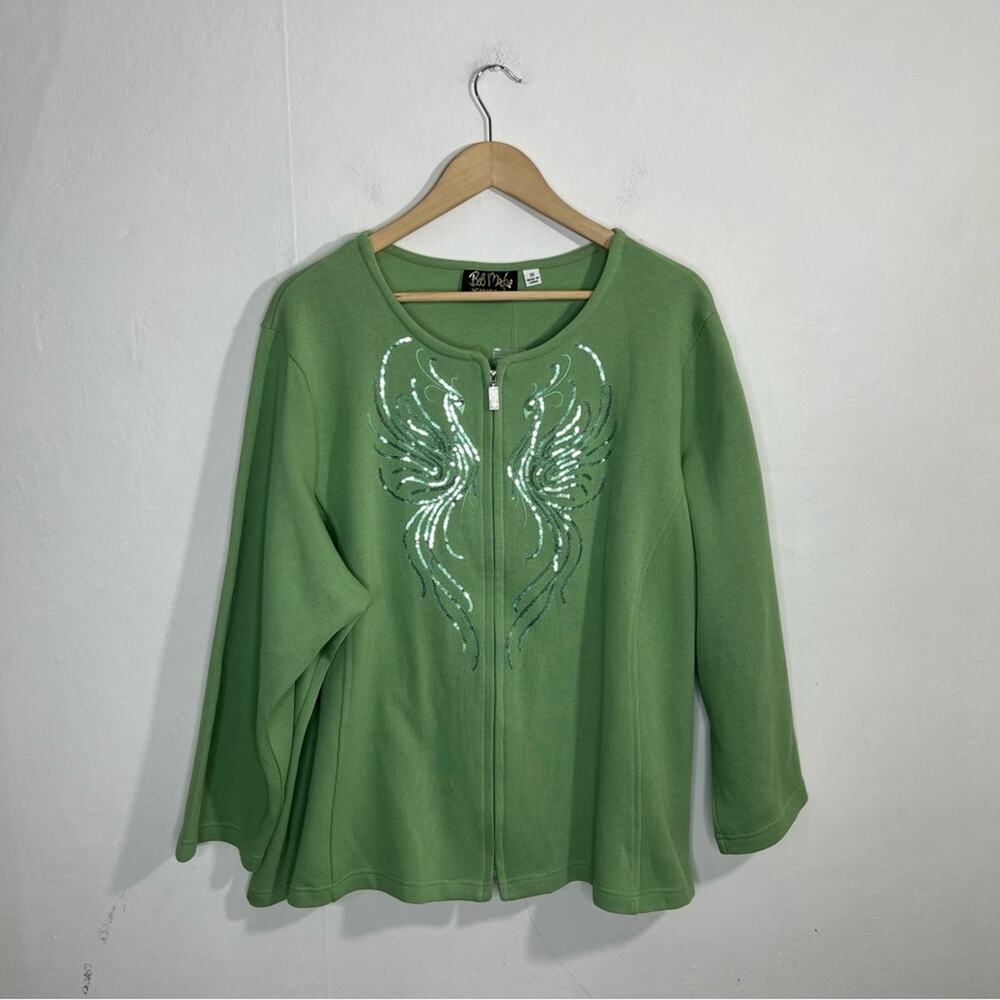 Bob Mackie Wearable Art Mint Green Sequin Peacock Design Cardigan NWT Size 3X